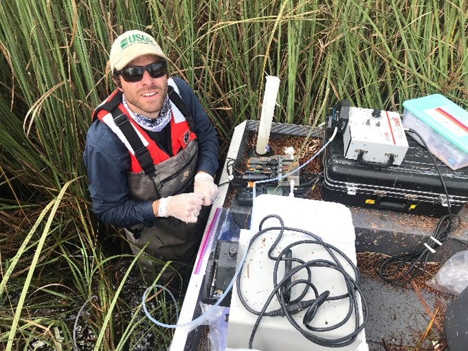 Photo of scientist sampling next to a boat