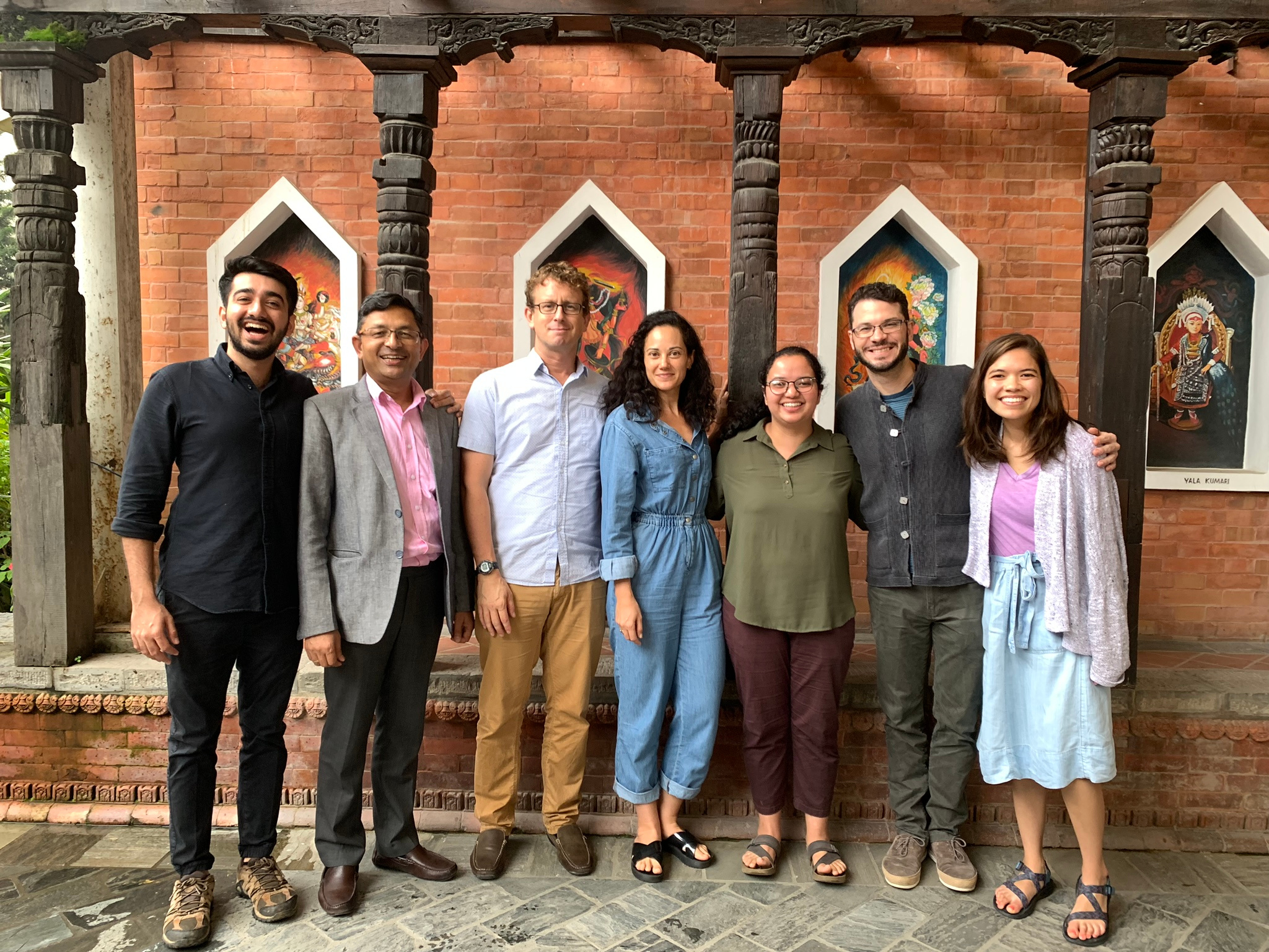 Members of the research team after one of our workshops held in Kathmandu. Pictured left to right: Feroz Khan, Nama Budhathoki, Jamie McCaughey, Mhairi O’Hara, Jasna Budhathoki, David Lallemant, Sabine Loos