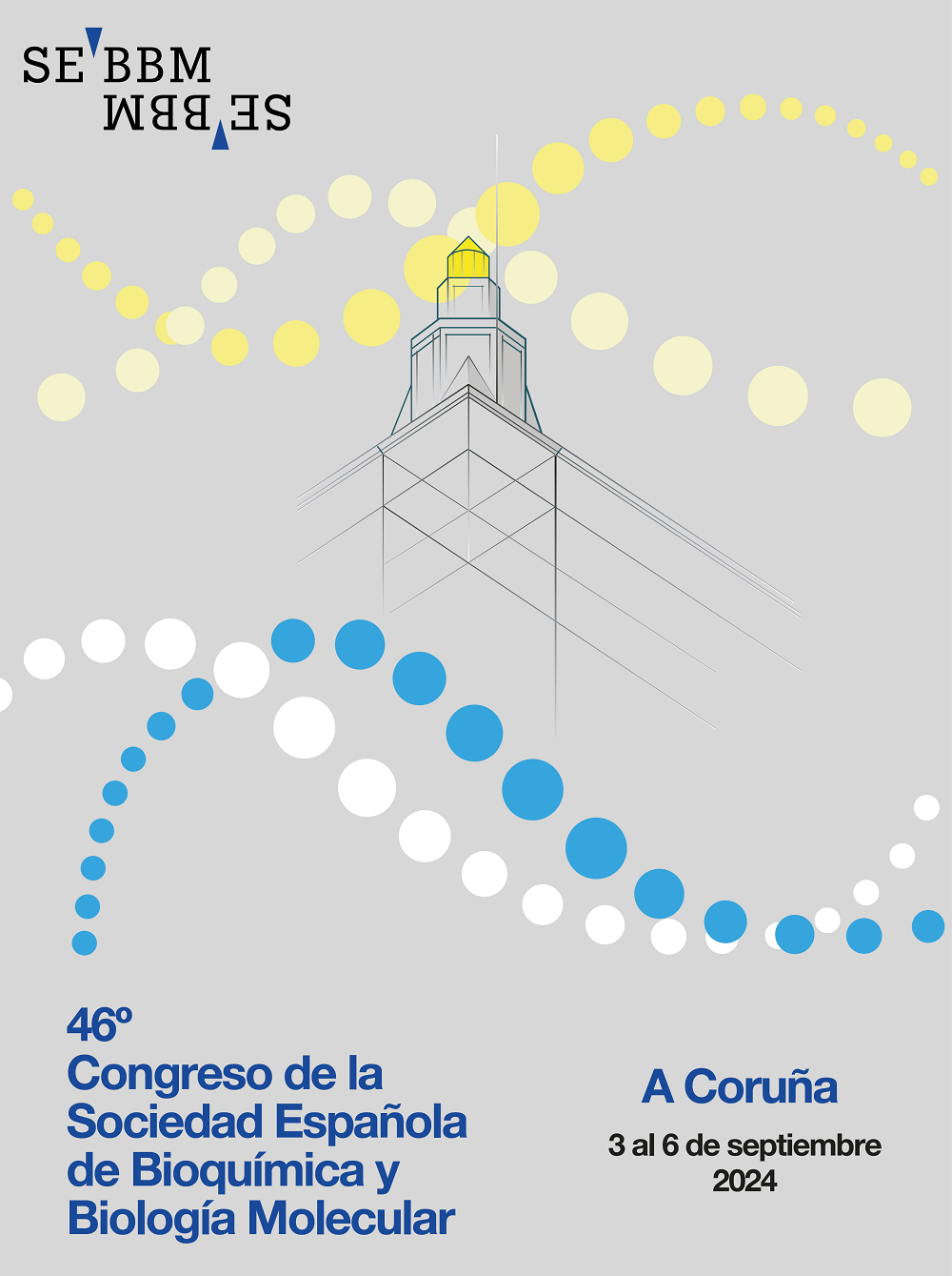 46th SEBBM Congress poster Congress poster showing a graphical representation of the Tower of Hercules, with yellow dots representing the lightbeam and blue dots representing the waves.