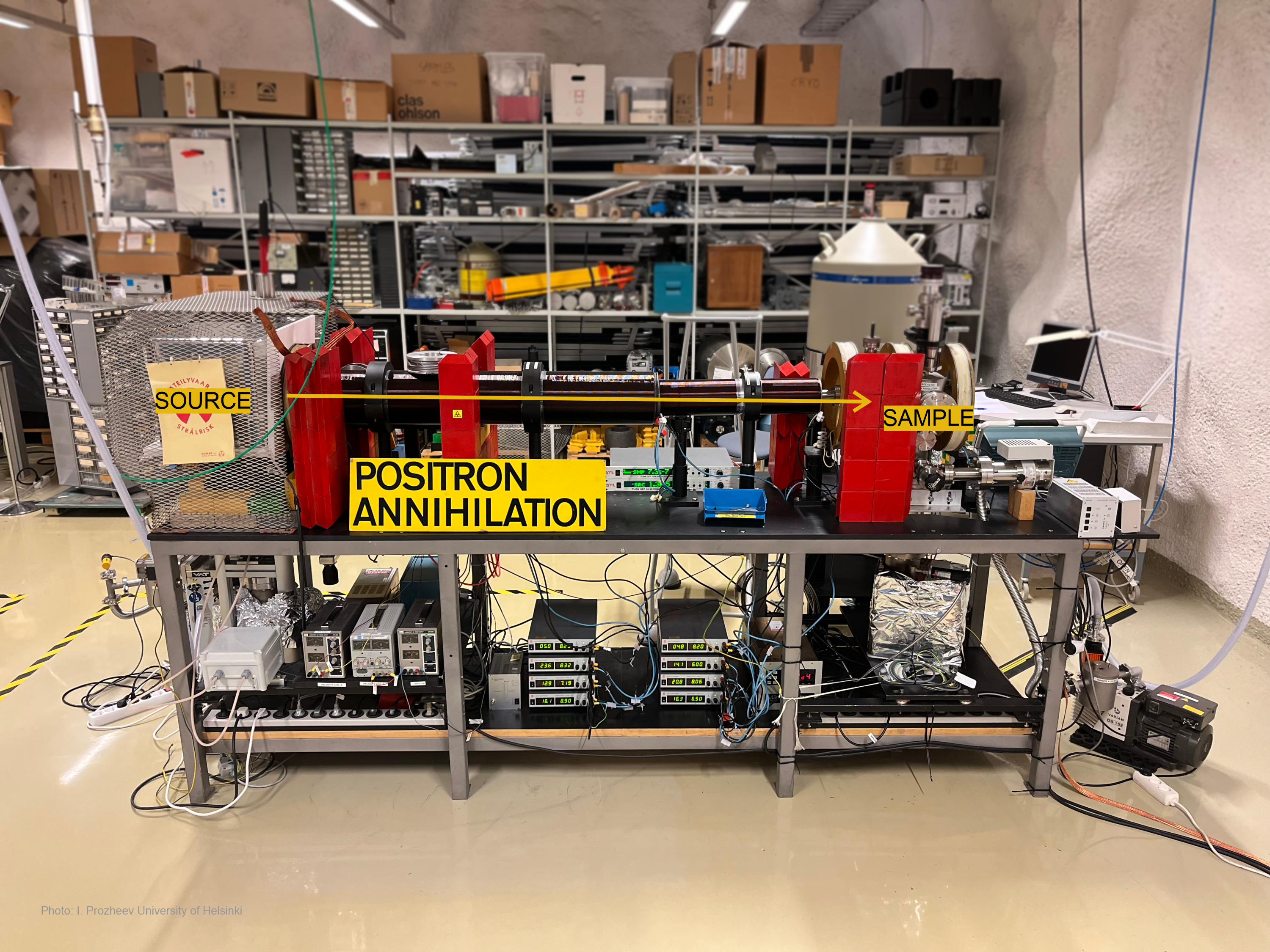 Figure 2: Slow positron beam. Positron source (inside a metal cage on the left) emits positrons that are further accelerated towards the sample chamber for the positron annihilation signals to be recorded with high purity germanium detectors.