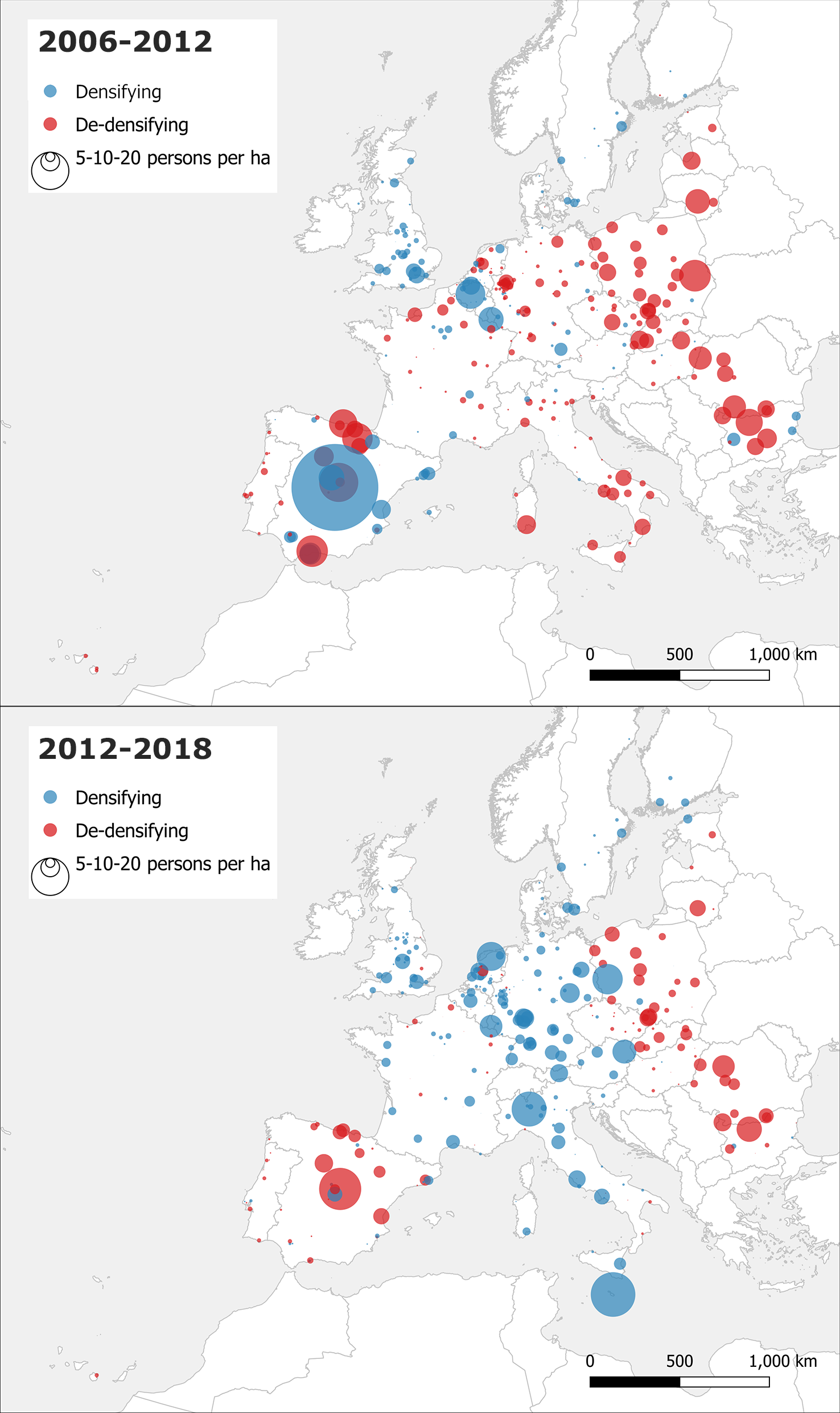 Density trends of European cities in 2006-2012 (upper panel) and 2012-2018 (lower panel).