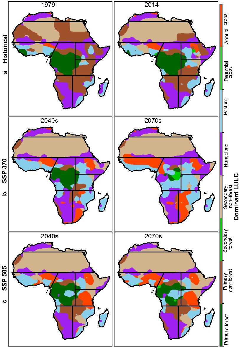 Distribution of dominant land‑use land‑cover types during (a) the historical period, and future periods under (b) SSP370 and (c) SSP585 