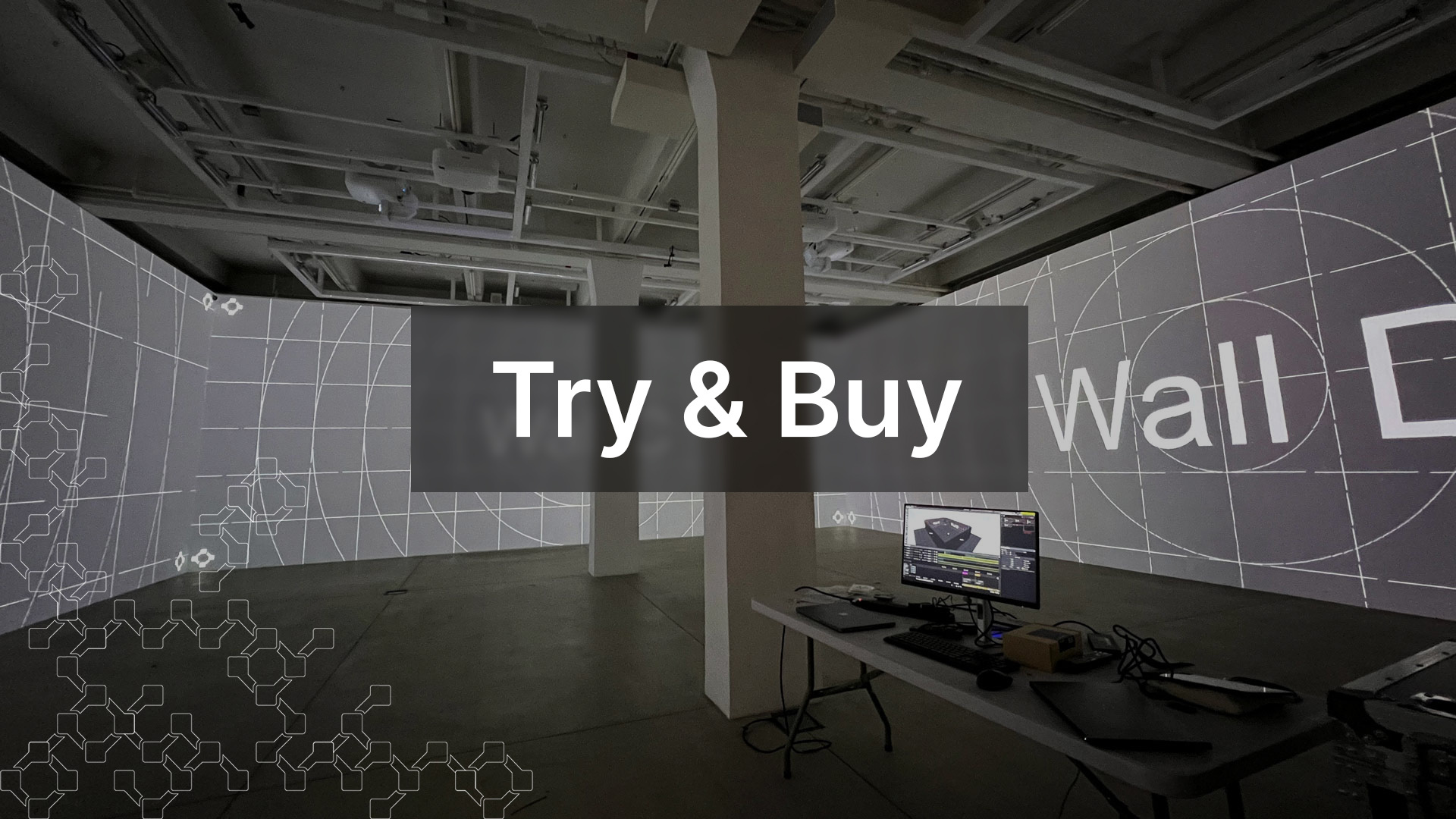 LightAct's upgraded Initiative Now Offering a More Accessible Transition to LightAct Photo of projection calibration inside a small closed room with title in the middle Try & Buy