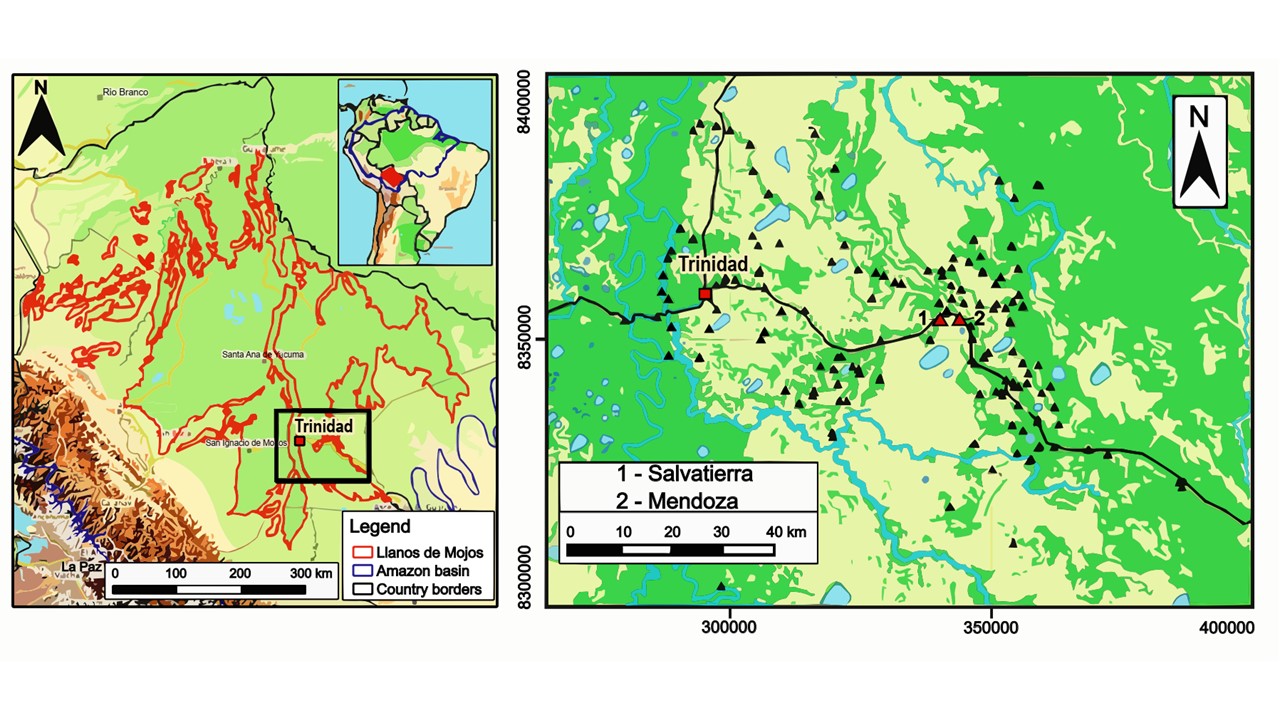 Figure 1: The Llanos de Mojos (left) and the studied sites (right). Each triangle represents a monumental site