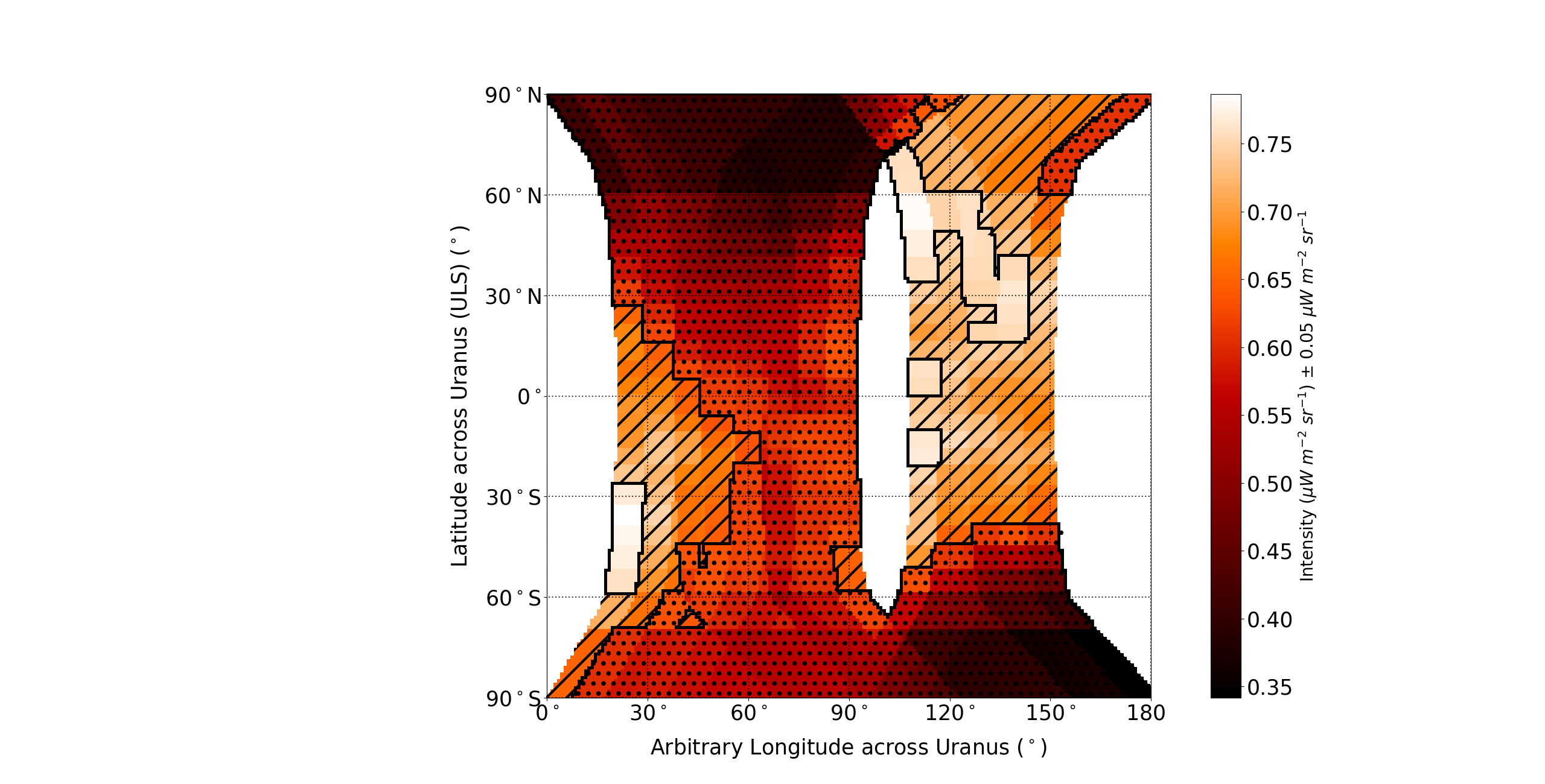 H3+ Intensity from Q(1,0) emission line over a 6 hour period mapped across the surface of Uranus