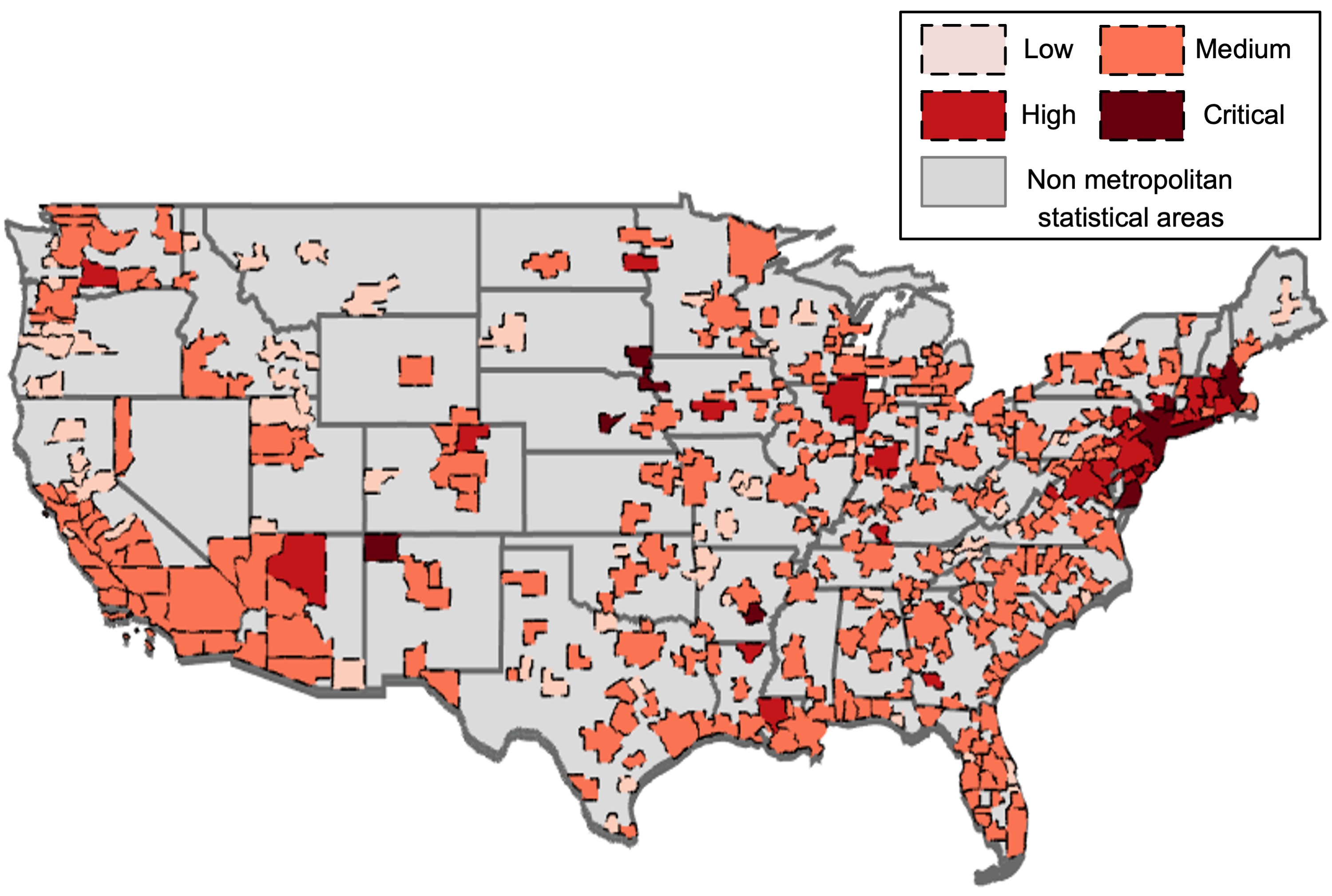 COVID-19 Incidence map of 380 metropolitan statistical areas in the continental U.S. during April-May 2020.