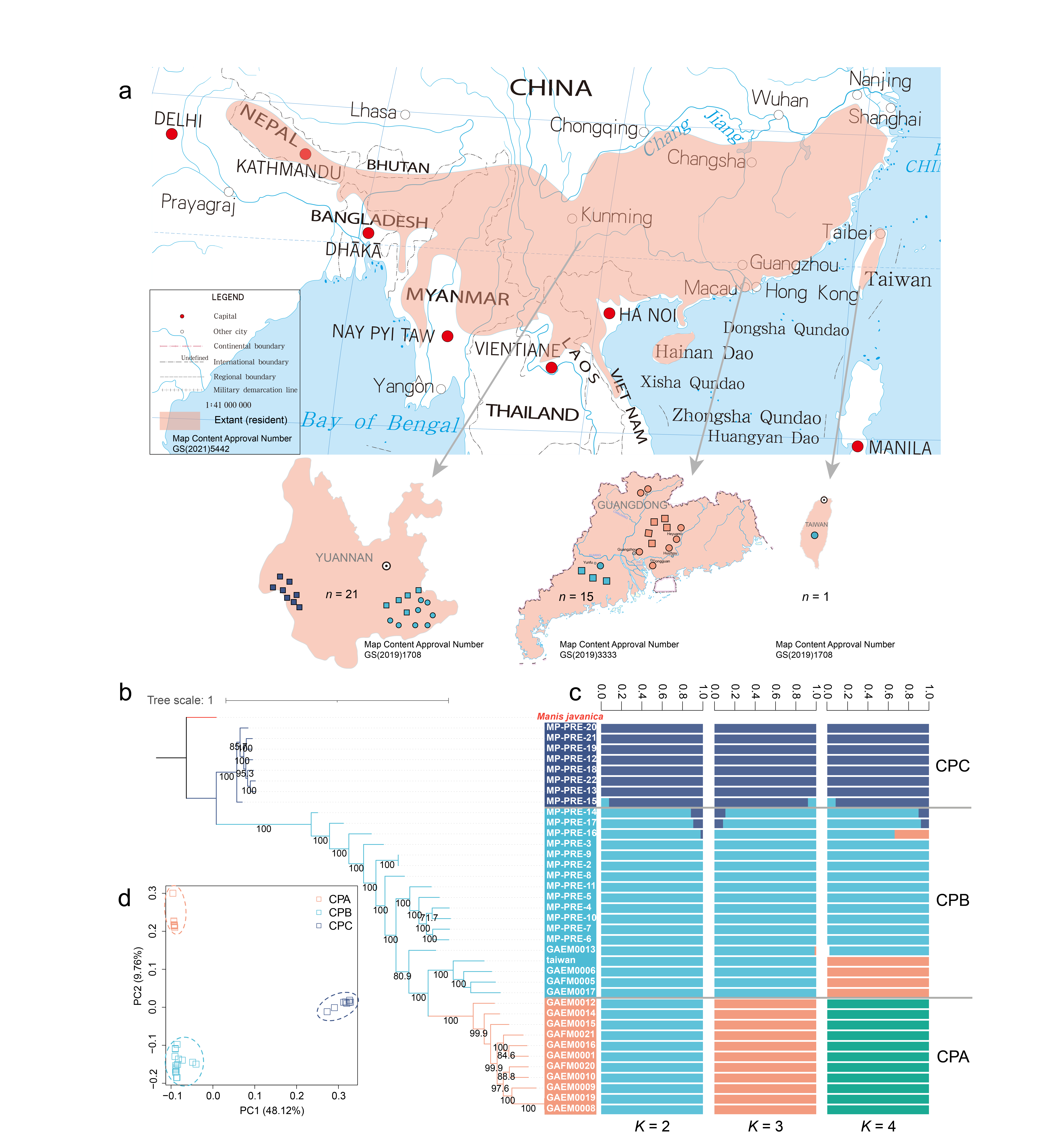 Figure 1. Distribution and population structure of Chinese pangolins in southern China.