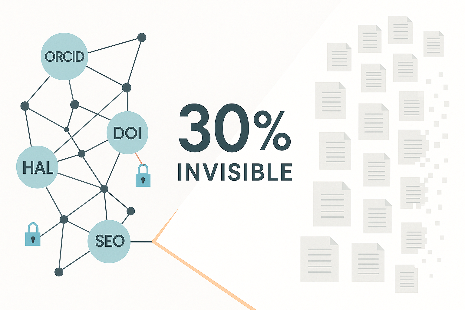 Illustration on white background: a visible academic network labeled ORCID, DOI, HAL, SEO, CC-NY on the left; a bold “30 %” dissolving into pixelated void on the right, symbolizing invisible research.