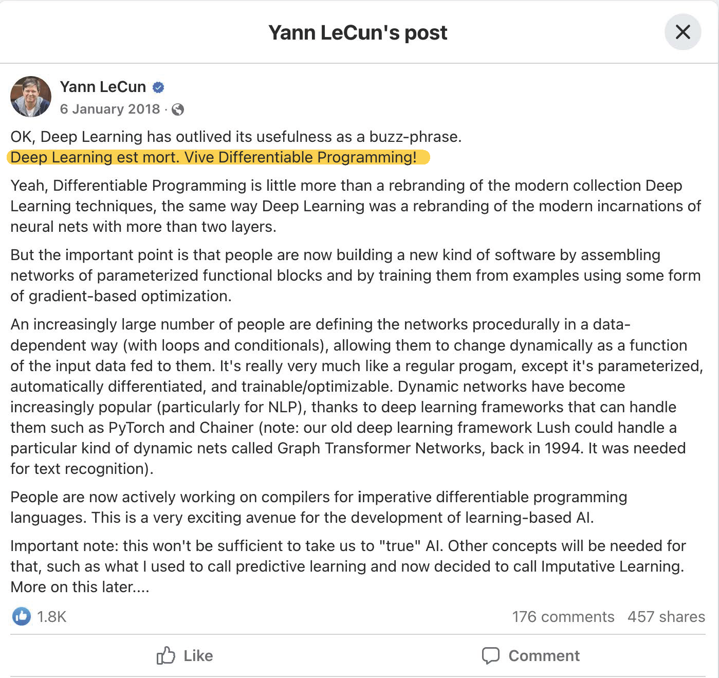 Yann LeCun’s post in 2018: Deep Learning est mort. Vive Differentiable Programming