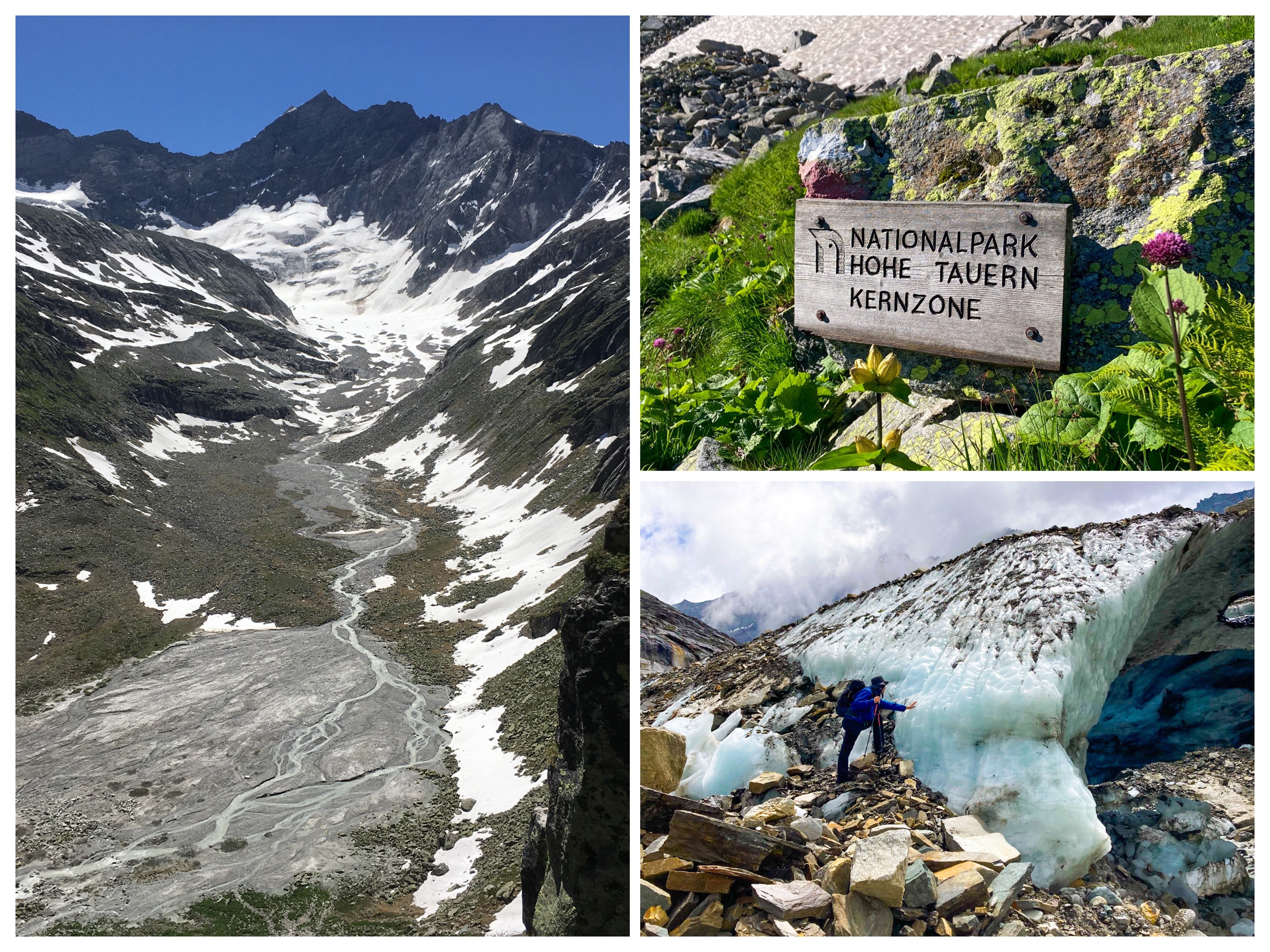 Impression from the Hohe Tauern National Park. Left picture: The forefield of the Ödenwinkel glacier. The whole valley was covered by the glacier until 1850. Right pictures: Sign of the National Park and the terminus of the Ödenwinkel glacier with Robert, the senior author of this study, in the foreground.