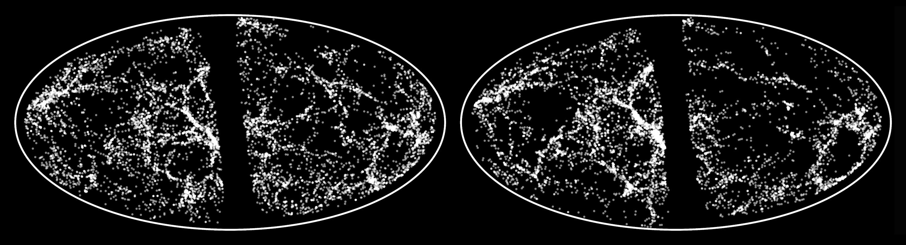 Distribution of the brightest galaxies in the Local Universe, as observed in the 2MASS survey (left panel) and as reproduced in the SIBELIUS simulation (right panel)