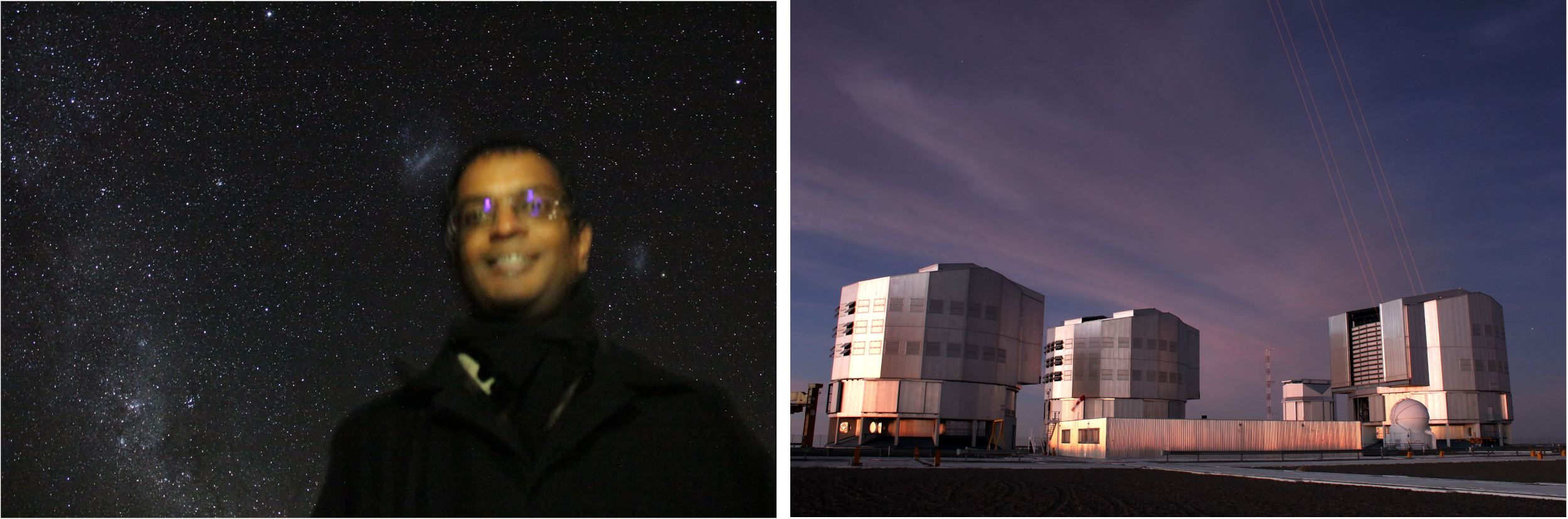 Some insights from ESO's Very Large Telescope: myself with the Magellanic Clouds (sorry I moved a bit), and the four lasers of UT4/Yepun shot through the dawn sky on December 31st 2018