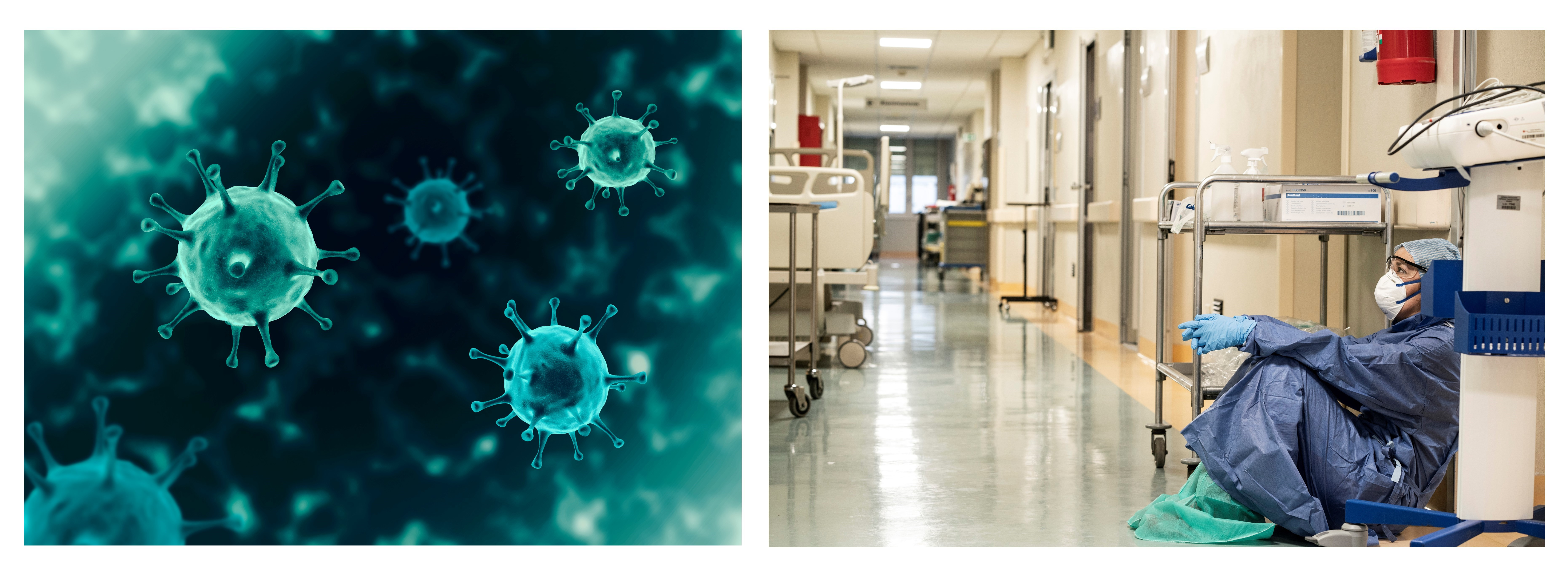 Left: COVID-19 virus illustration, Right: Doctor during COVID-19 pandemic 2020 