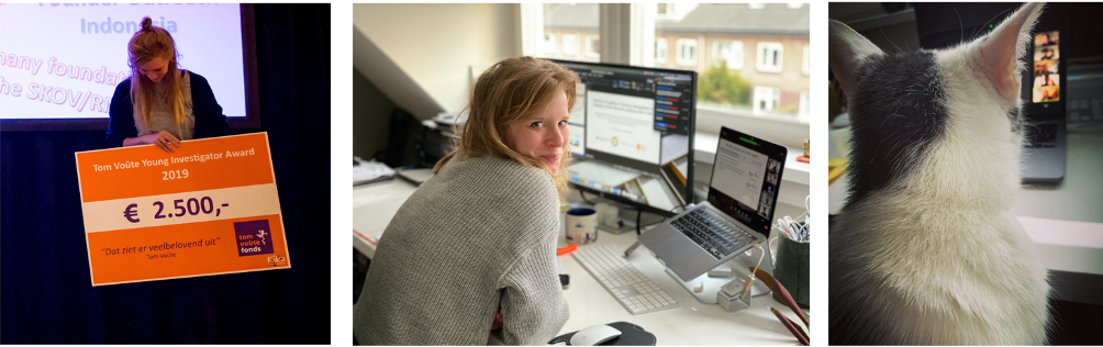 From left to right. In 2019 I was awarded the Tom Voute Young Investigator Award in a competition with ten preselected candidates by presenting my research on splicing deregulation in leukemia to a room of researchers and a three-person jury; Recently I presented my work as invited speaker at the SIOP-E; And last but not least, my cat Gandalf who loves to join research meetings since I have been working from home due to Covid-related restrictions. 