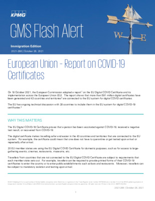KPMG Global Mobility Services Flash Alert - 2021 - European Union - Report on COVID-19 Certificates