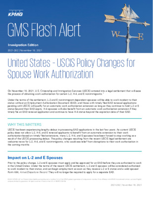 KPMG Global Mobility Services Flash Alert - 2021 - US - USCIS Policy Changes for Spouse Work Authorization