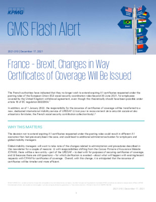 KPMG Global Mobility Services Flash Alert - 2021 - France - Brexit, Changes in Way Certificates of Coverage Will Be Issued