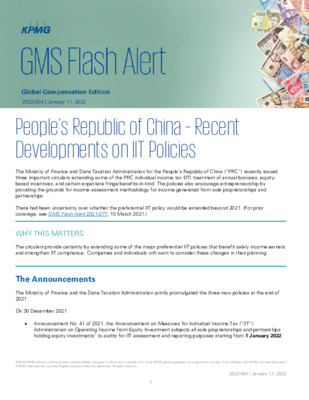 KPMG Global Mobility Services Flash Alert - 2022 - China - Recent Developments on IIT Policies