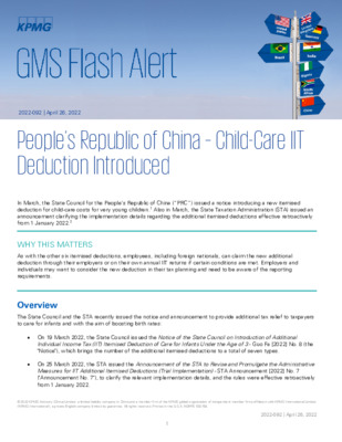 KPMG Global Mobility Services Flash Alert - 2022 - People's Republic of China - Child Care IIT Deduction Introduced