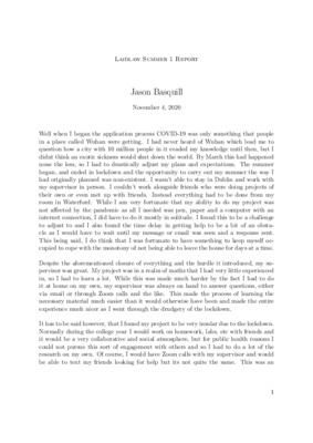 2020 Laidlaw Scholars - Jason Basquill - Reflective Report (Summer 1)
