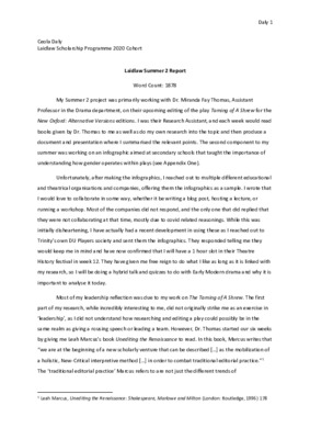 2020 Laidlaw Scholars - Ceola Daly - Reflective Report (Summer 2)