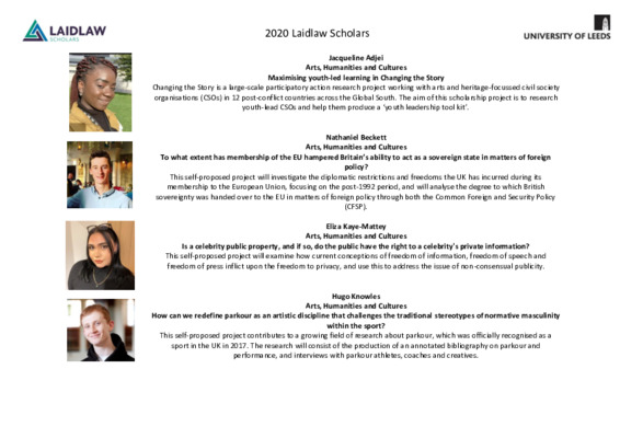 Congratulations to the University of Leeds Laidlaw Undergraduate Leadership and Research Scholarship 2020 Cohort