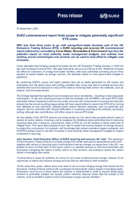 SUEZ commissioned report finds scope to mitigate potentially significant ETS costs
