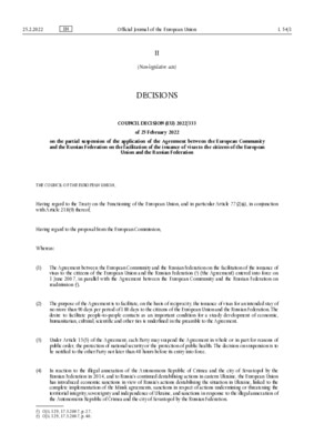 Agreement between the European Community and the Russian Federation on the facilitation of the issuance of visas to the citizens of the European Union and the Russian Federation