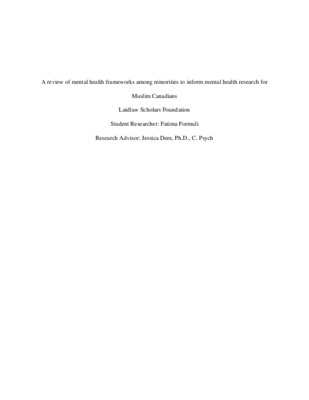 A review of mental health frameworks among minorities to inform mental health research for Muslim Canadians (Research Proposal)
