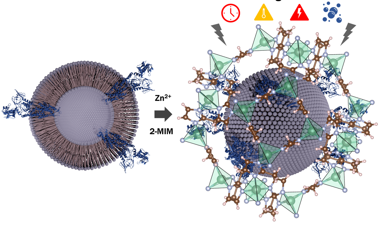 Liposome and membrane protein stabilization in crystalline metal organic framework scaffolds