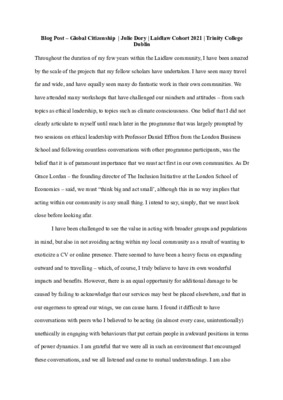 Julie Dory Blog Post Ethical Leadership & Global Citizenship LL2021