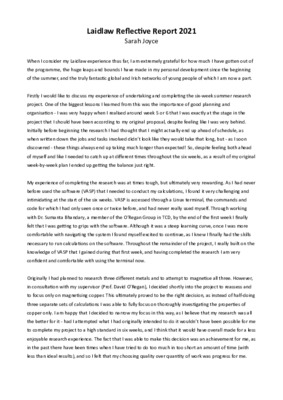 Sarah Joyce: Reflective Report (Summer 2021)