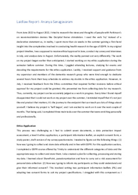 Reflective Report: Research Summer 1 2022