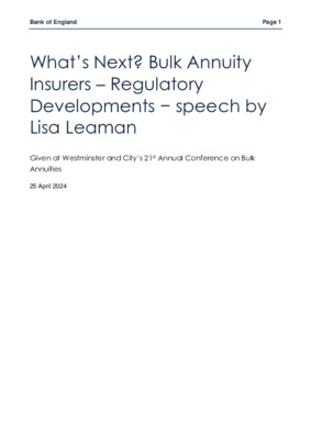 What’s next? Bulk annuity insurers – Regulatory developments − speech by Lisa Leaman