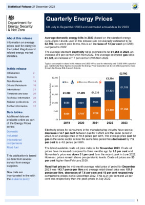 Quarterly Energy Prices - UK July to September 2023 and estimated annual data for 2023