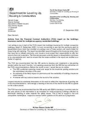 Buildings insurance for multiple-occupancy residential buildings: letter to the Association of British Insurers