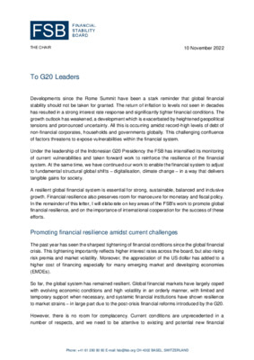 FSB Chair’s letter to G20 Leaders: November 2022