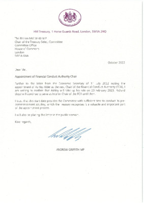 Letter confirming start date for next FCA Chair