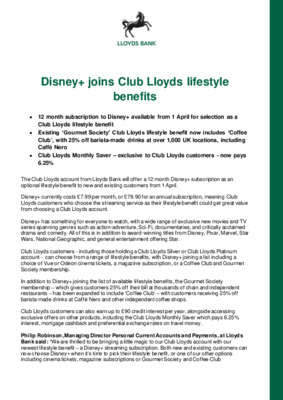 Disney+ joins Club Lloyds lifestyle benefits