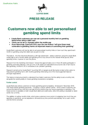 Customers now able to set personalised gambling spend limits
