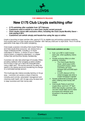 New £175 Club Lloyds switching offer - starts tomorrow 18th February