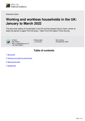 Working and workless households in the UK January to March 2022