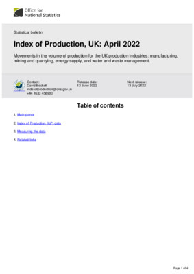 Index of Production, UK April 2022