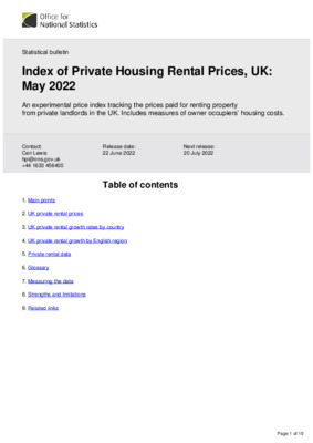 Index of Private Housing Rental Prices, UK May 2022