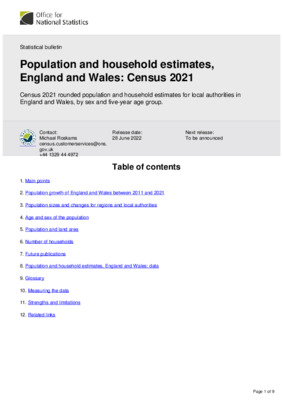 Population and household estimates, England and Wales Census 2021