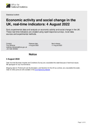 Economic activity and social change in the UK, real-time indicators 4 August 2022