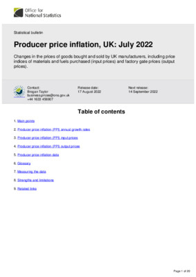 Producer price inflation, UK July 2022