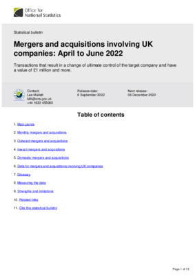 Mergers and acquisitions involving UK companies: April to June 2022