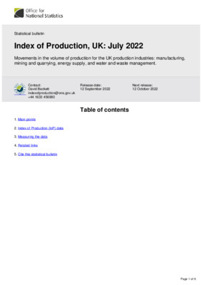 Index of Production, UK: July 2022