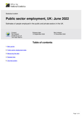 Public sector employment, UK June 2022
